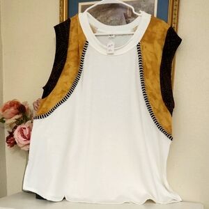 White/Tan Sleeveless Top Casual Business Casual Summer Park Beach Vacation 1XL